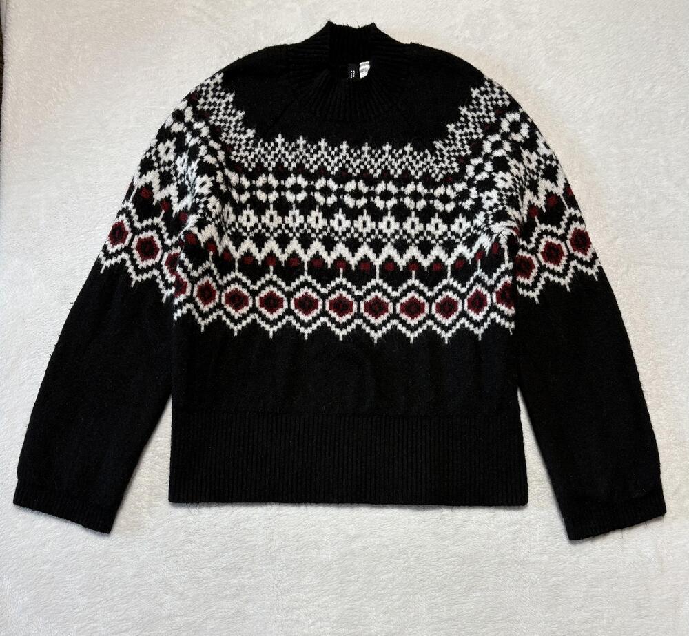 H&M Divided Sweater Womens Medium Black Fair Isle Knit Pullover Raglan Nordic